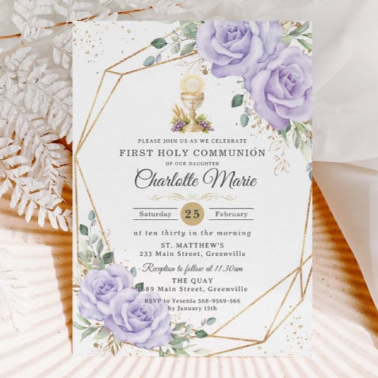 Invitation Purple Floral First Holy Communion Gold Chalice