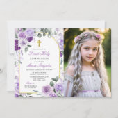 Invitation Purple Floral Girl First Holy Communion Photo (Devant)