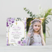 Invitation Purple Floral Girl First Holy Communion Photo (Debout devant)