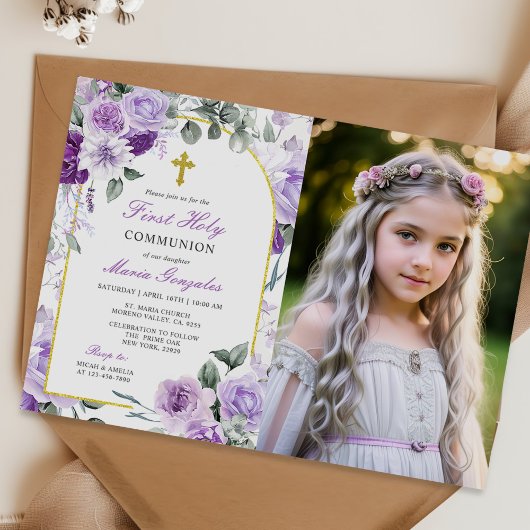 Invitation Purple Floral Girl First Holy Communion Photo