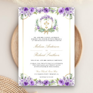 Invitation Purple Floral Gold Croix catholique QR Code Mariag