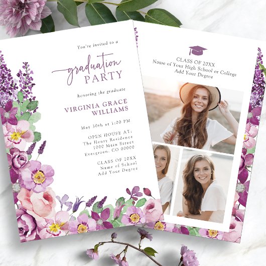 Invitation Purple Floral Graduation Party