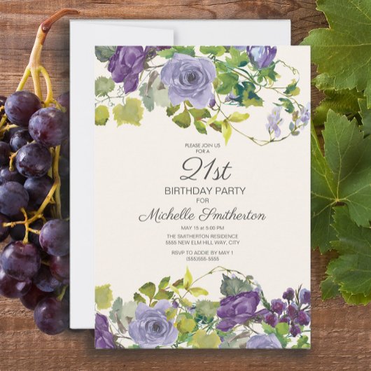 Invitation Purple Floral Green Feuilles 21e anniversaire