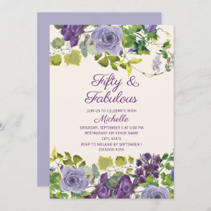 Invitation Purple Floral Green Feuilles 50 Fabuleux anniversa