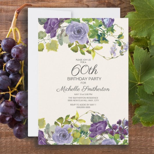 Invitation Purple Floral Green Feuilles 60e anniversaire