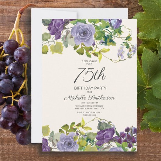 Invitation Purple Floral Green Feuilles 75e anniversaire Femm