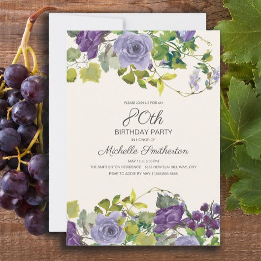 Invitation Purple Floral Green Feuilles 80e anniversaire
