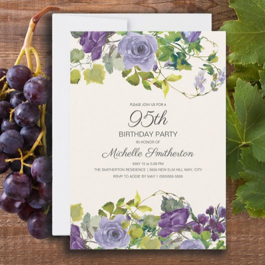 Invitation Purple Floral Green Feuilles 95e anniversaire