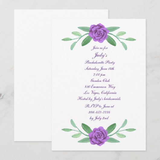 Invitation Purple Floral Green Foliage Bachelorette Party (Devant / Derrière)