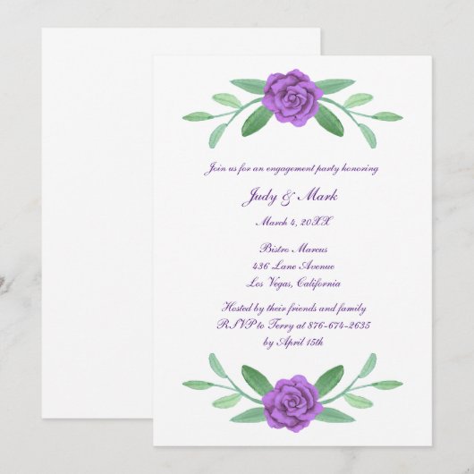 Invitation Purple Floral Green Foliage Engagement (Devant / Derrière)