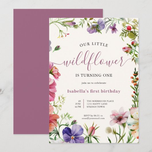 Invitation Purple Floral Gurl Petit Fleur sauvage 1er anniver (Devant / Derrière)