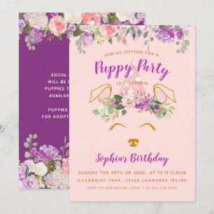 Invitation Purple Floral Jardin Marionnette fête Anniversaire