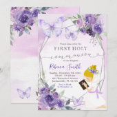 Invitation Purple Floral Kneeling fille première sainte commu (Devant / Derrière)