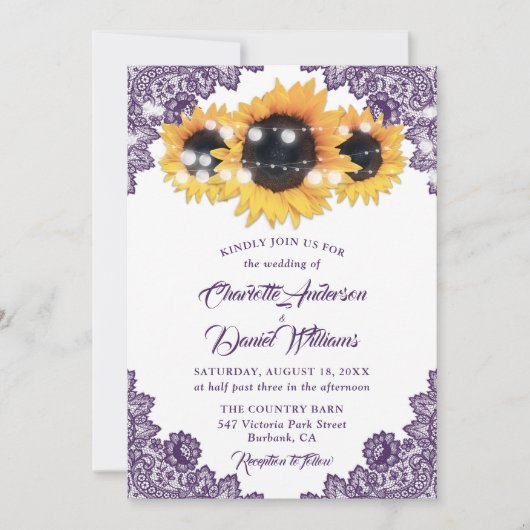 Invitation Purple Floral Lace String Lights Sunflower Wedding (Devant)