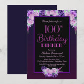 Invitation Purple Floral Noir 100e anniversaire Dîner fête (Devant / Derrière)