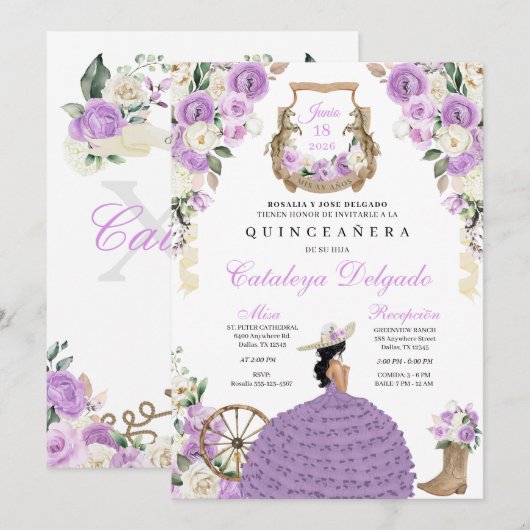 Invitation Purple Floral Ouest Mariachi Charro Quinceañera (Devant / Derrière)