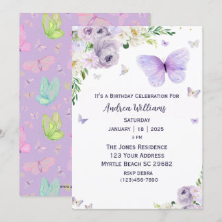 Invitation Purple Floral Papillon fête d'anniversaire