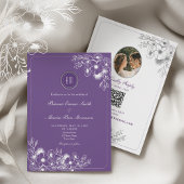 Invitation Purple Floral Photo QR Code Wedding