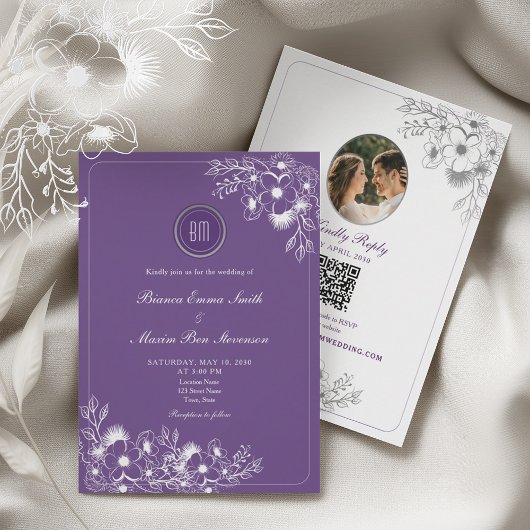 Invitation Purple Floral Photo QR Code Wedding