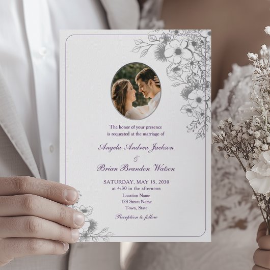 Invitation Purple Floral Photo Wedding
