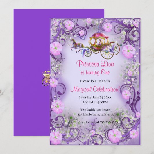 Invitation Purple Floral Princess Fairy Tail 1er anniversaire (Devant / Derrière)