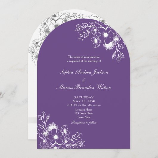 Invitation Purple Floral QR Code Wedding (Devant / Derrière)