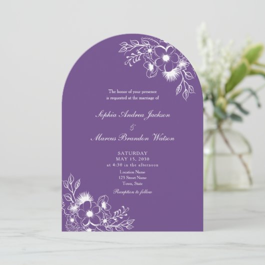 Invitation Purple Floral QR Code Wedding (Debout devant)