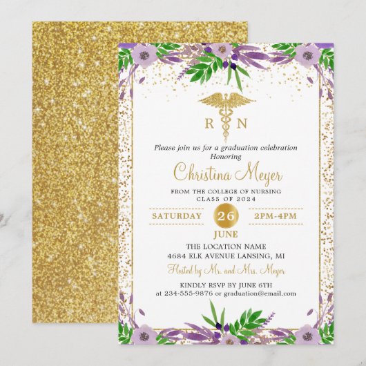 Invitation Purple Floral RN Nursing School Graduation Party (Devant / Derrière)