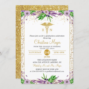 Invitation Purple Floral RN Nursing School Graduation Party