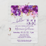 Invitation Purple Floral Rustic 55e fête d'anniversaire<br><div class="desc">Invitation à la fête du 55e anniversaire à fleurs violettes - "bonjour 55 !" avec arrière - plan en bois de grange blanc et belle impression que vous pouvez customiser avec toutes les informations de votre fête d'anniversaire. avec des couleurs pourpres et belle impression que vous pouvez customiser avec toutes...</div>