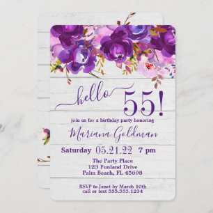 Invitation Purple Floral Rustic 55e fête d'anniversaire