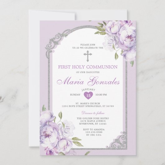 Invitation Purple Floral Silver Cross First Holy Communion (Devant)