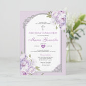 Invitation Purple Floral Silver Cross First Holy Communion (Debout devant)