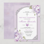 Invitation Purple Floral Silver Cross First Holy Communion (Devant / Derrière)