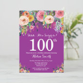 Invitation Purple Floral Surprise 100e anniversaire Invitatio (Debout devant)