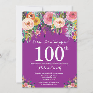 Invitation Purple Floral Surprise 100e anniversaire Invitatio