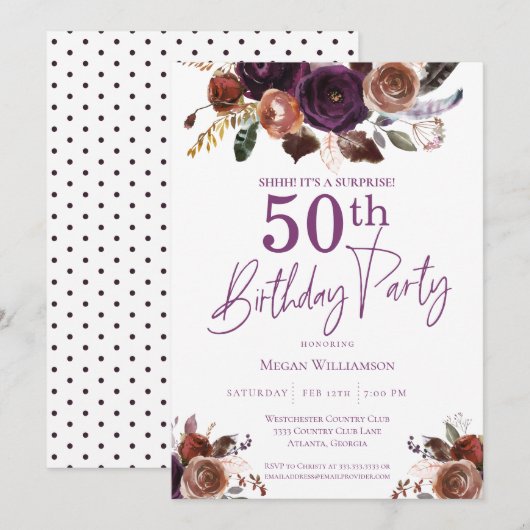 Invitation Purple Floral Surprise 50e fête d'anniversaire (Devant / Derrière)