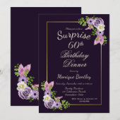 Invitation Purple Floral Surprise 60e Anniversaire Dîner (Devant / Derrière)