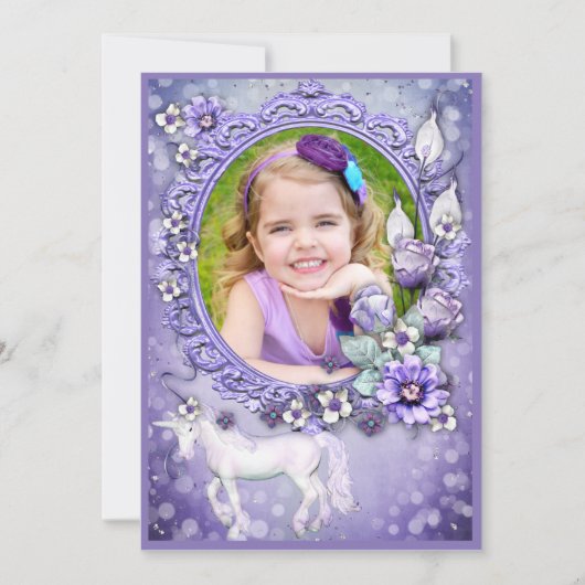 Invitation Purple Floral Unicorne Photo Anniversaire (Devant)