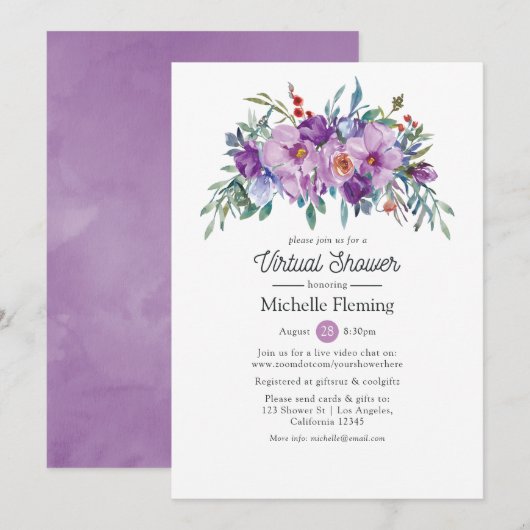 Invitation Purple Floral Virtual Baby ou Fête des mariées (Devant / Derrière)
