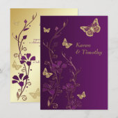 Invitation Purple, Flore d'or, Mariage de papillons (Devant / Derrière)