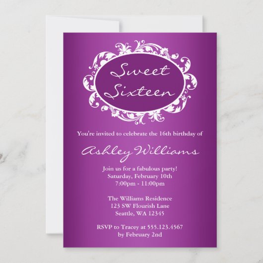Invitation Purple Flourish Frame Sweet 16 Anniversaire (Devant)