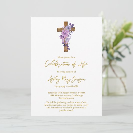 Invitation Purple flower cross Celebration of Life Funeral (Debout devant)