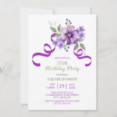 Invitation Purple Flower Greenery Ribbon Birthday (Devant)