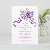 Invitation Purple Flower Greenery Ribbon Birthday (Debout devant)