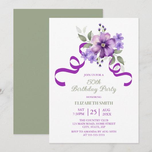 Invitation Purple Flower Greenery Ribbon Birthday (Devant / Derrière)