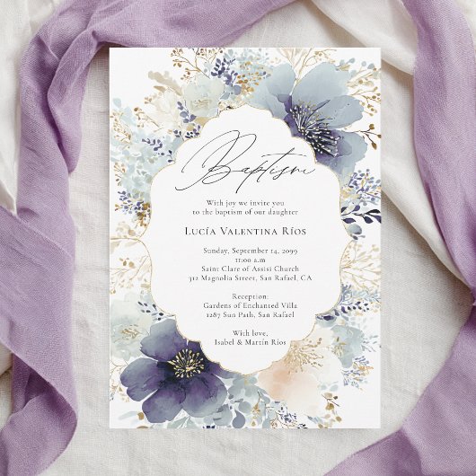 Invitation Purple Flowers Frame Elegant Floral Baptism