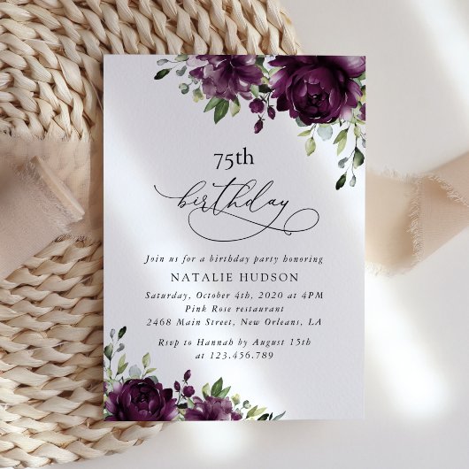 Invitation Purple Flowers, Plum Flowers, Boho, Birthday