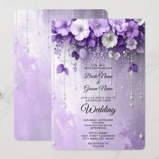 Invitation Purple Flowers with Dangling Pearls Wedding (Devant / Derrière)