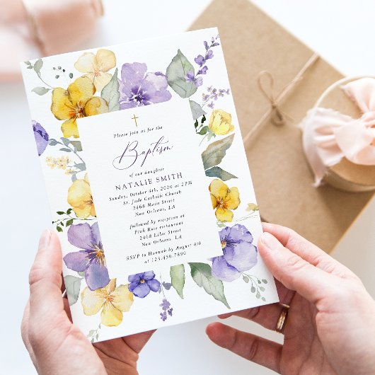 Invitation Purple Flowers, Yellow Flowers, Boho, Baptism